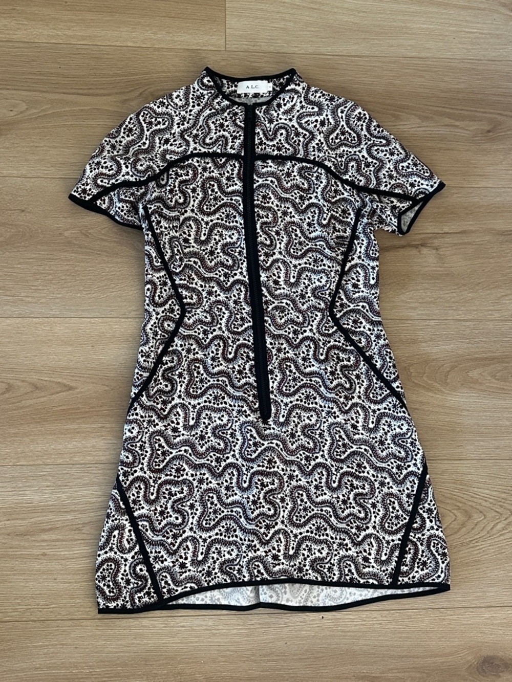 A.L.C. Black & White Paisley Trim Short Sleeve Mini Dress